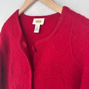 TALBOTS Sweater M 100% Wool Cardigan Embroidered Button Front Holiday Red VTG